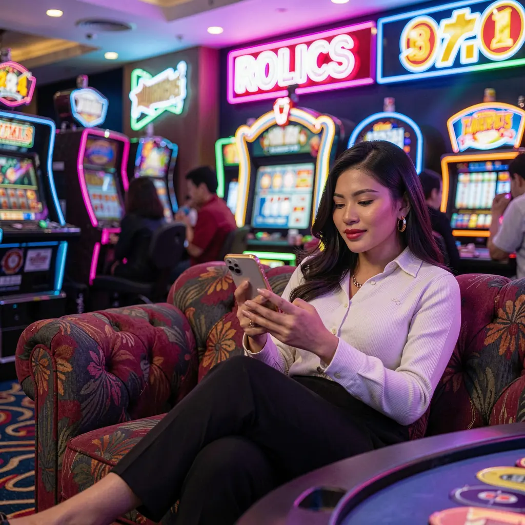 Stylish Filipino woman using the BCJIL casino app on her phone while relaxing in a neon lit gaming environment