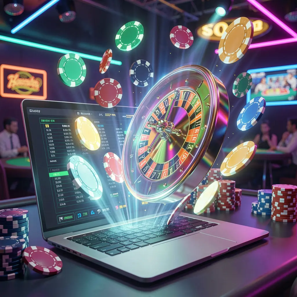 Bright futuristic roulette wheel with flying chips and neon lights symbolizing high energy casino gaming on BCJIL in the Philippines