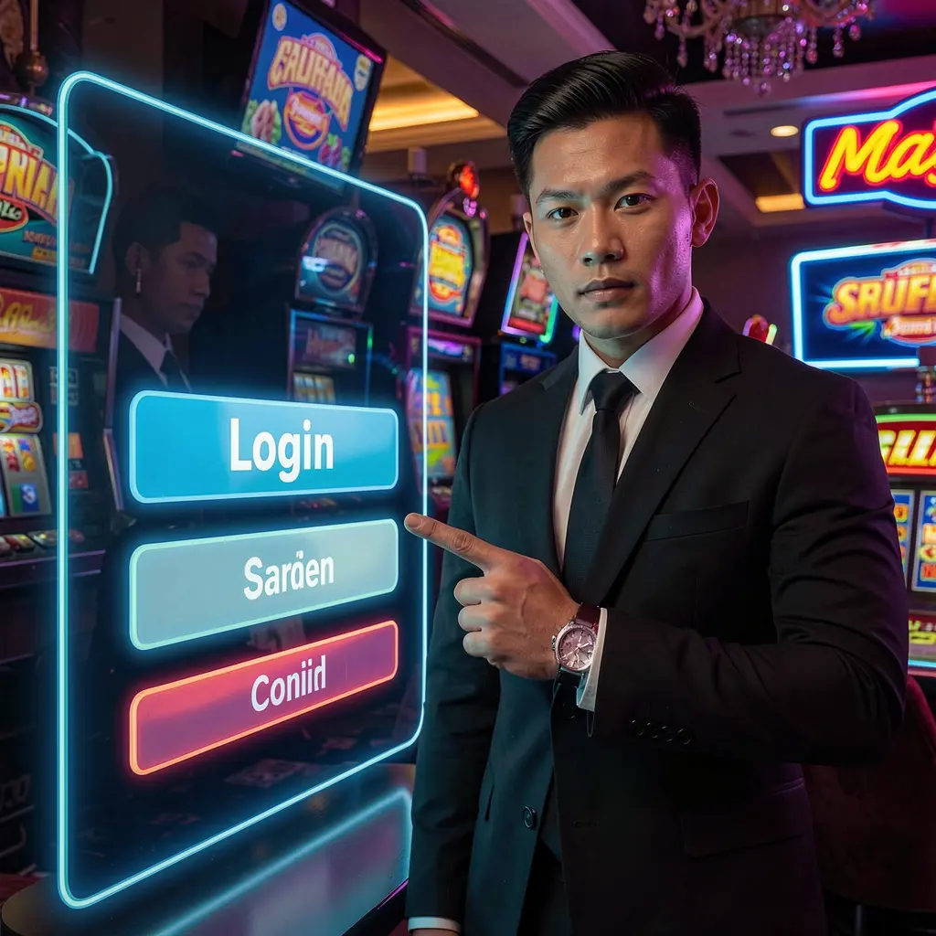Confident Filipino casino ambassador pointing at a glowing BCJIL login interface in a modern digital casino setting in the Philippines