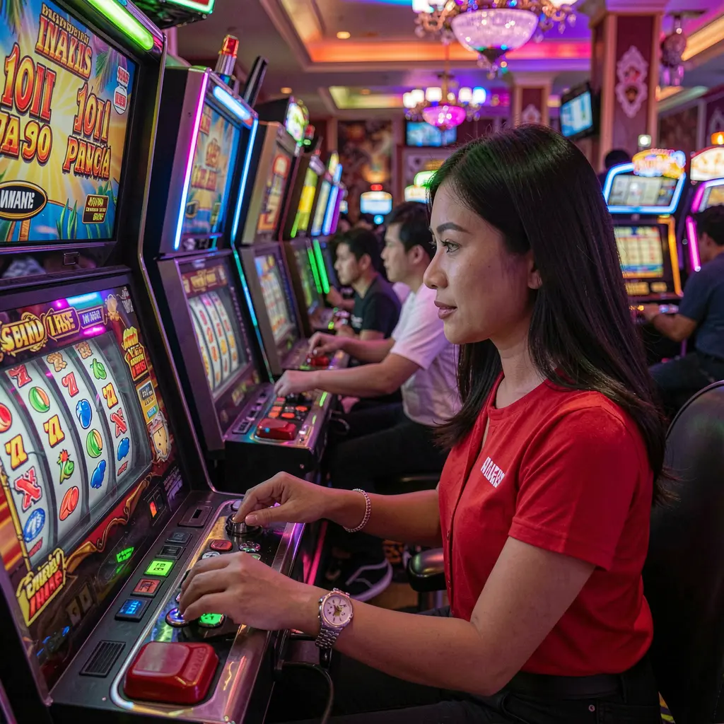 A focused Filipino woman enjoying modern slot machines with vivid lights and immersive gameplay at BCJIL casino in the Philippines
